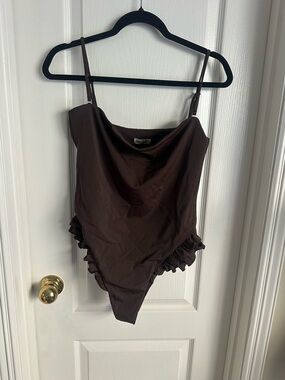 Free People Brown Ruffle-Side One-Piece Swim Bodysuit